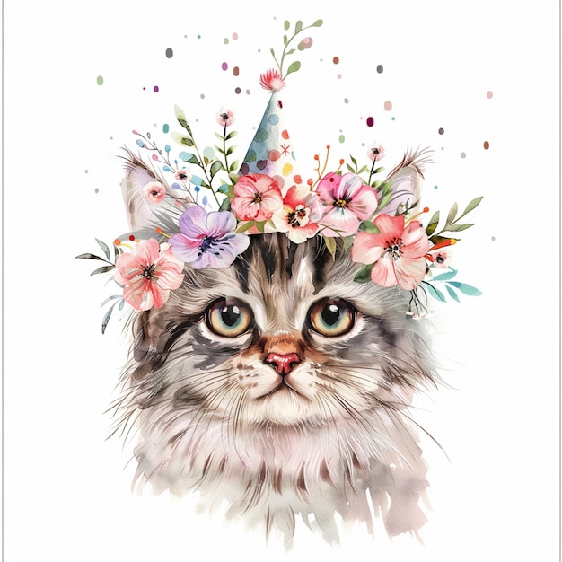 Gato lindo con flores en la cabeza