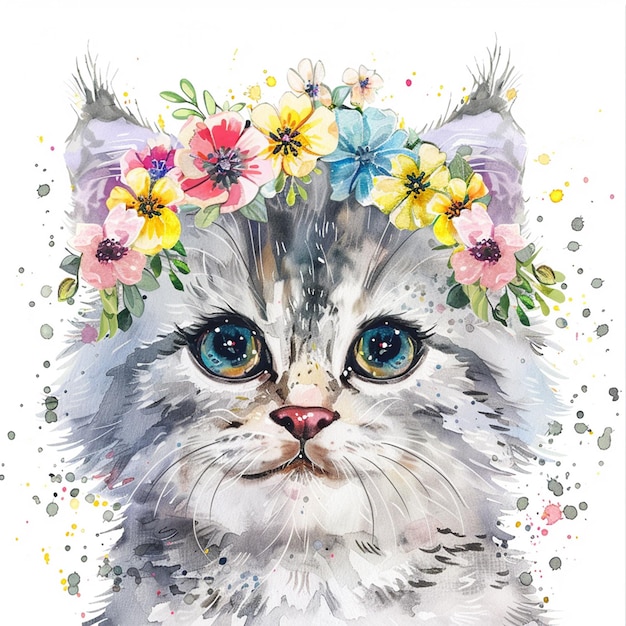 Gato lindo con flores en la cabeza