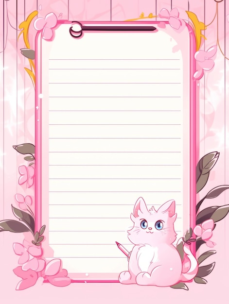 Foto gato lindo con flores y papel de nota en ilustración vectorial de fondo blanco