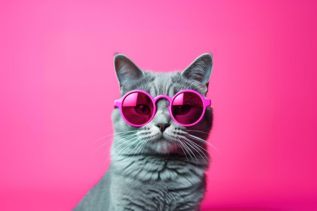 Gato lindo con gafas en un fondo rosa