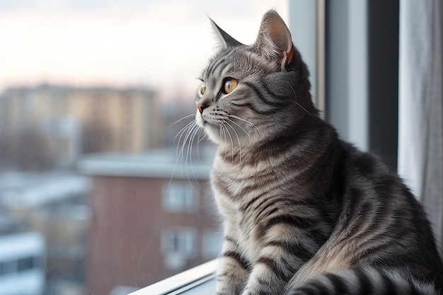 Gato lindo gato mirando por la ventana con espacio de copia Ai generativo