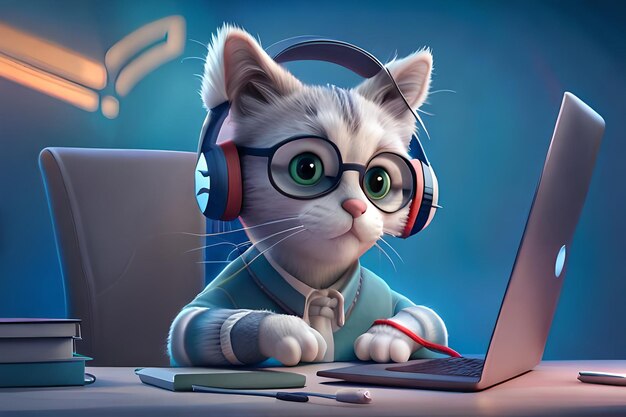 Foto un gato lindo y gracioso con auriculares sentado en el escritorio frente a la computadora portátil con las patas en el teclado