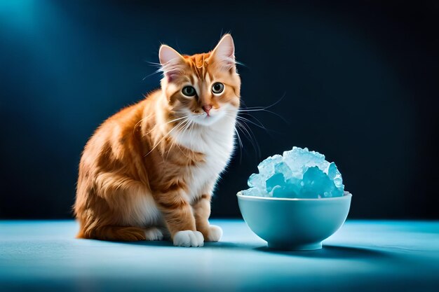 Gato lindo con helado en el fondo azul