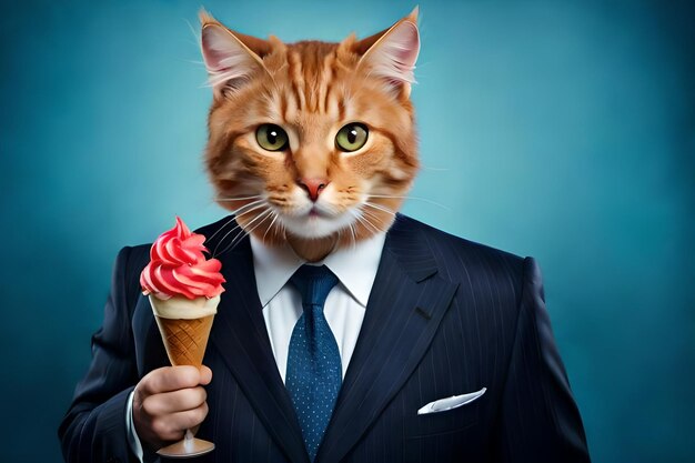 Foto gato lindo con helado en el fondo azul