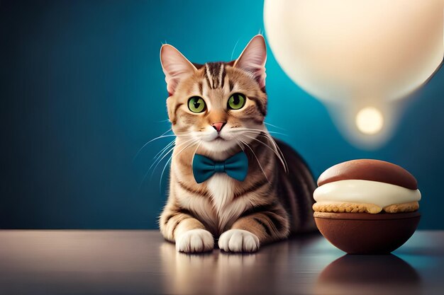 Gato lindo con helado en el fondo azul