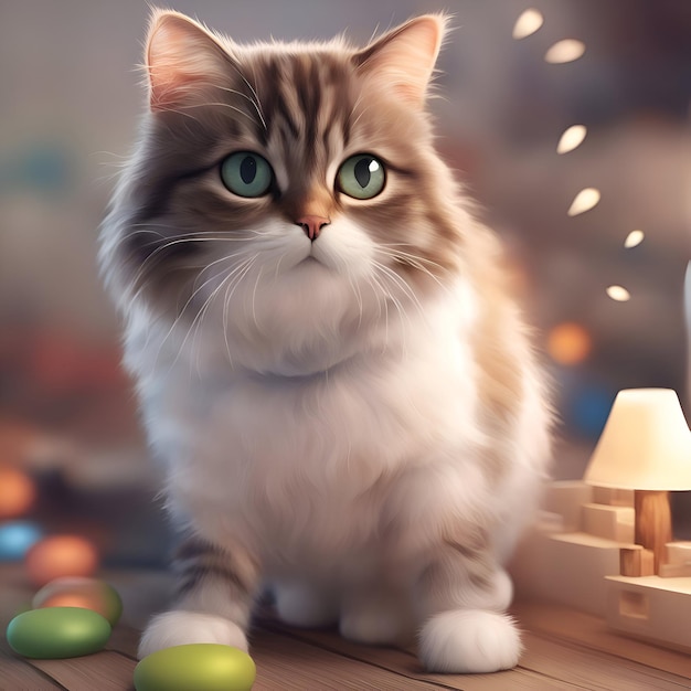 Foto gato lindo con huevos de pascua en una mesa de madera renderización 3d