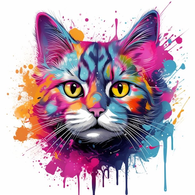 Gato lindo de la ilustración con la pintura al óleo colorida del arte del chapoteo de la pintura