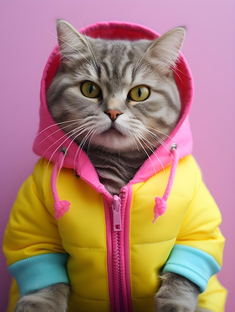 Gato lindo con impermeable y capucha en primer plano de fondo rosa