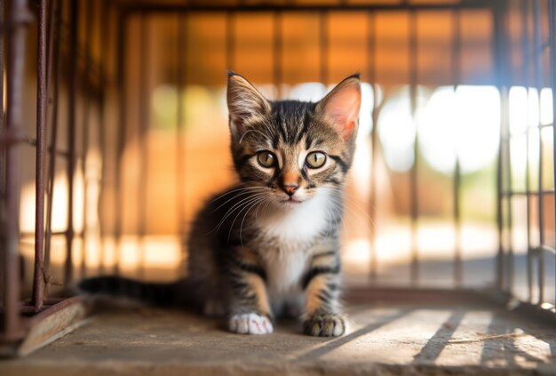 un gato lindo en una jaula de refugio de animales