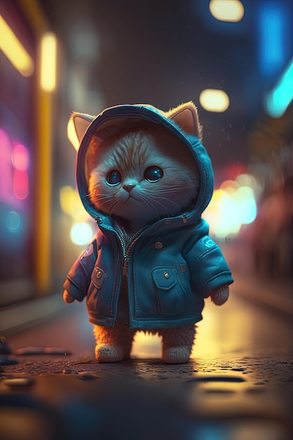 Gato lindo de juguete con chaqueta de ropa y zapatillas de deporte en el fondo de la calle con IA generativa de luces de neón