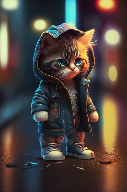 Gato lindo de juguete con chaqueta de ropa y zapatillas de deporte en el fondo de la calle con IA generativa de luces de neón