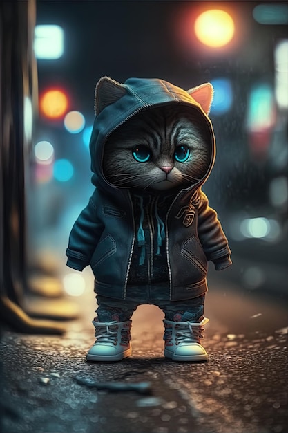 Gato lindo de juguete con chaqueta de ropa y zapatillas de deporte en el fondo de la calle con IA generativa de luces de neón