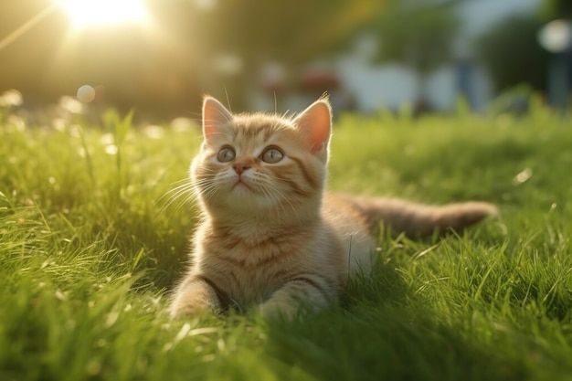 Gato lindo juguetón en la hierba