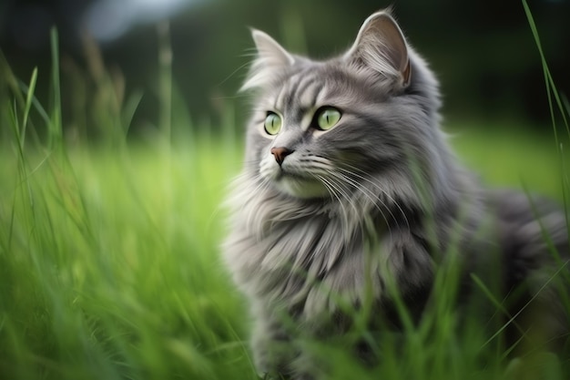 Gato lindo mira hacia el lado y sentado en el jardín o la hierba Gato en el hábitat de la naturaleza Concepto del día del gato