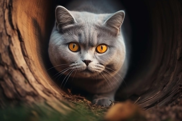 Gato lindo na floresta Retrato de um gato cinzento