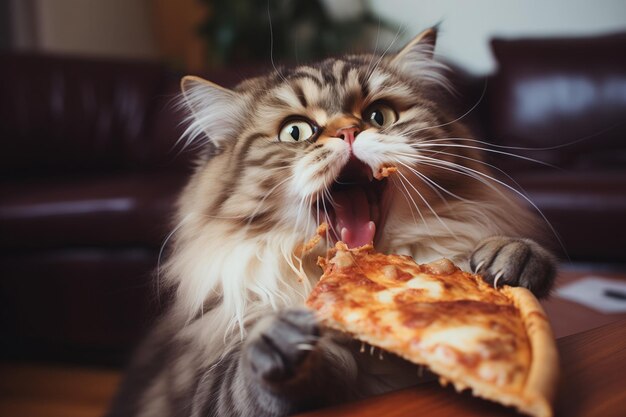 Foto gato lindo con pizza en casa el gato está comiendo pizza en casa