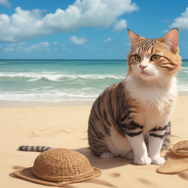 Gato lindo en la playa y un sombrero delante de él