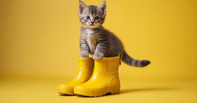 Foto gato lindo sentado en la bota en el fondo amarillo espacio de copia