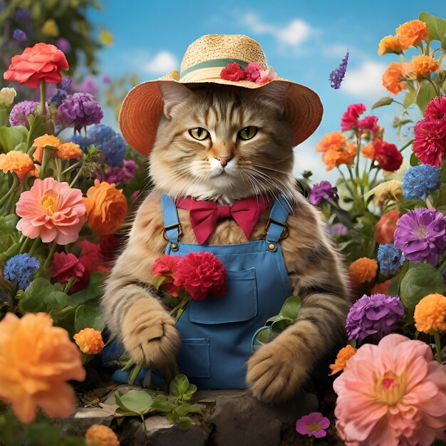 Gato lindo sentado com flores no jardim