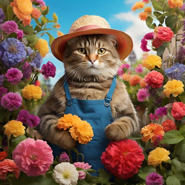 Foto gato lindo sentado com flores no jardim