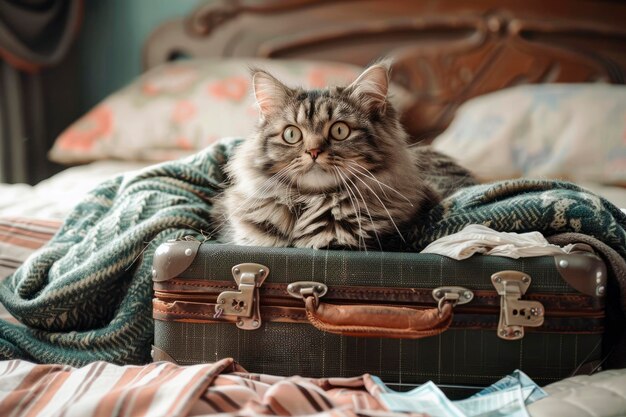 Foto gato lindo sentado en una maleta con ropa en la cama en la habitación