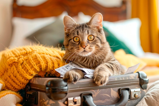 Foto gato lindo sentado en una maleta con ropa en la cama en la habitación