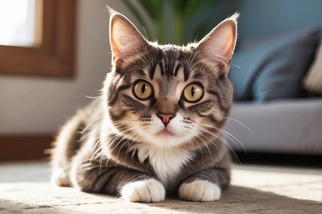 Gato lindo sentado en el suelo