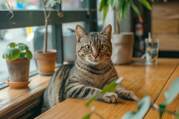 Gato lindo sentado en un taburete en gatos y perros bienvenido café bar o restaurante espacio amigable con mascotas