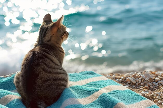 Gato lindo sentado en una toalla de playa IA generativa