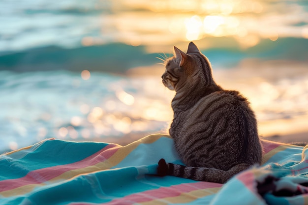 Foto gato lindo sentado en una toalla de playa ia generativa