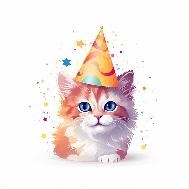 Gato lindo con sombrero de fiesta en fondo blanco Ilustración vectorial