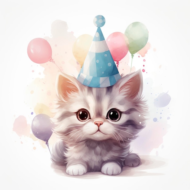 Gato lindo con sombrero de fiesta y globos vector aislado
