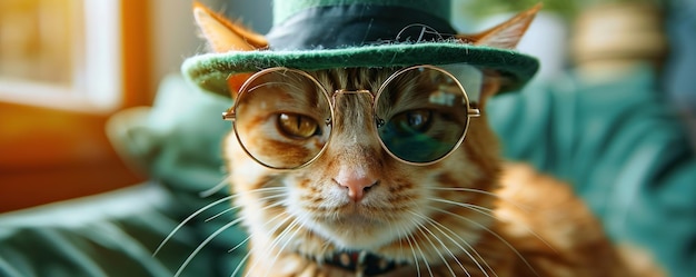 Gato lindo con un sombrero y gafas de sol para el día de San Patricio. Venta o bandera de la fiesta del día de San Patrico.