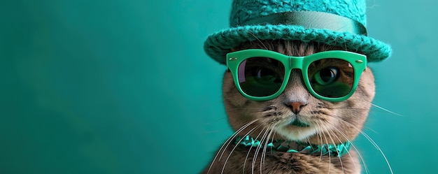 Gato lindo con un sombrero y gafas de sol para el día de San Patricio. Venta o bandera de la fiesta del día de San Patrico.