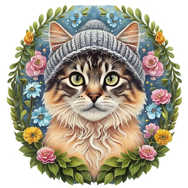 Gato lindo con sombrero de lana esponjosa y flores de acuarela