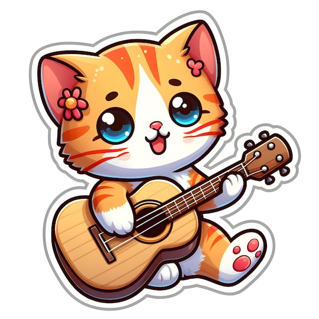 Gato lindo tocando una pegatina de guitarra aislada sobre un fondo blanco