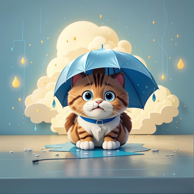 Foto gato lindo y triste sentado bajo la lluvia nube icono vectorial de dibujos animados ilustración icono de naturaleza animal concepto aislado estilo de dibuyos animados plano vectorial premium
