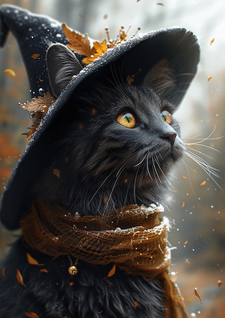 Gato lindo vestido de mago y mago con sombrero y muchos detalles
