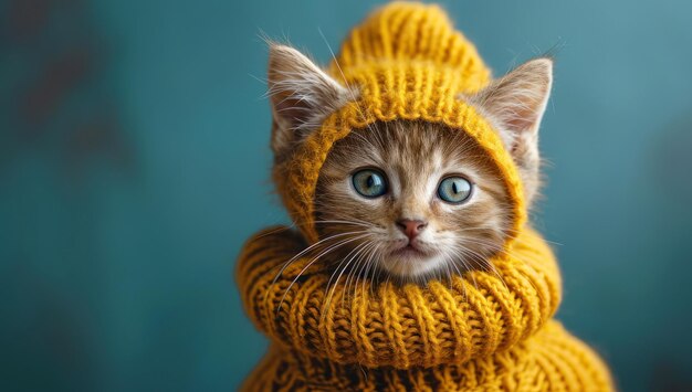 Foto gato lindo vestido con ropa de invierno amarilla primer plano extremo ia generativa