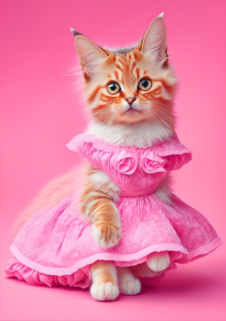 Gato lindo con un vestido rosado