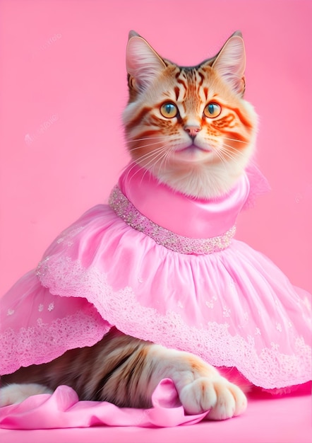 Gato lindo con un vestido rosado