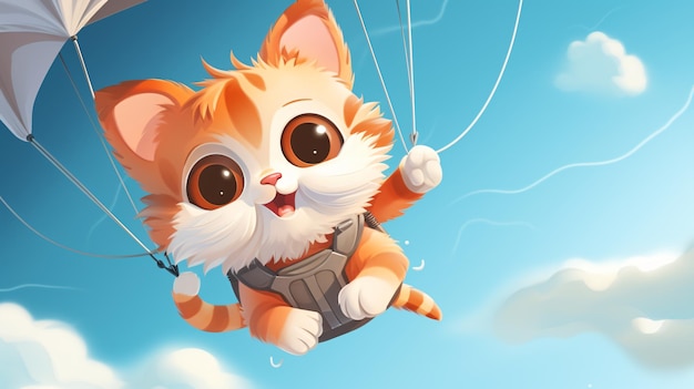 Foto un gato lindo está volando en un paracaídas en el cielo