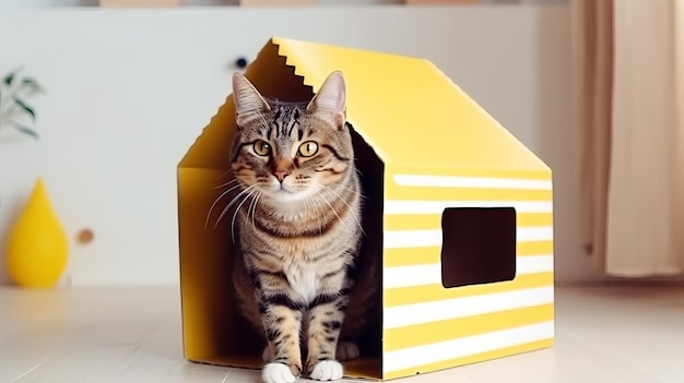 Gato listrado com olhos amarelos em sua casa de papelão