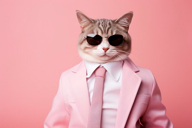 Un gato lleva gafas de sol y traje sobre fondo rosa