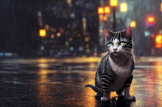 Un gato bajo la lluvia con ojos verdes.