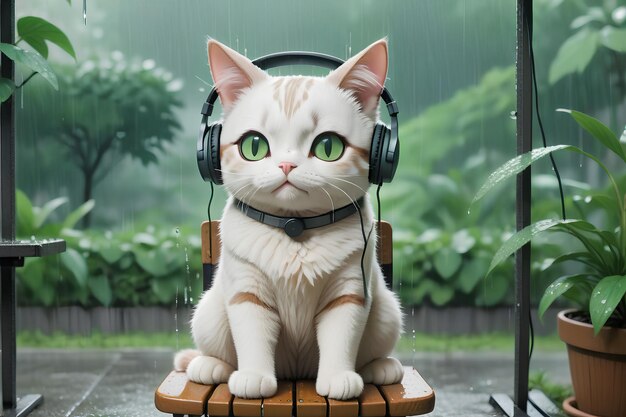 Gato Lofi con auriculares escuchando música en tiempo de lluvia