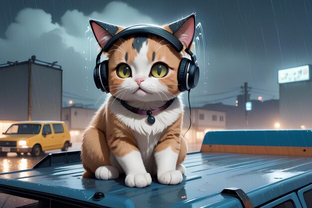 Gato Lofi con auriculares escuchando música en tiempo de lluvia