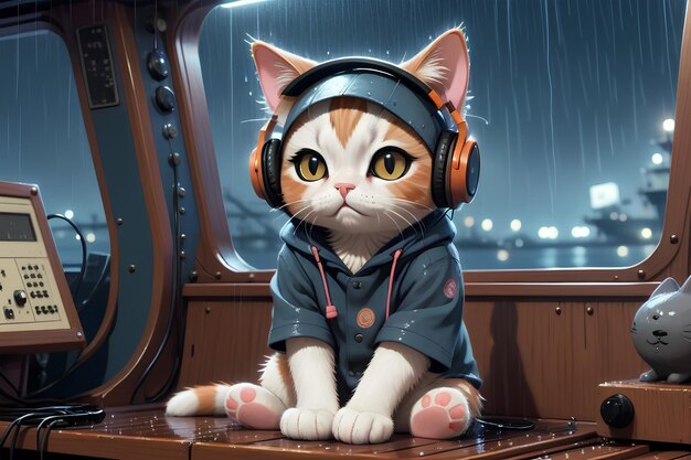 Foto gato lofi usando fones de ouvido para ouvir música em tempo de chuva