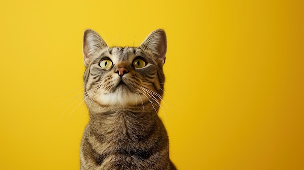 Gato louco gritando em um fundo amarelo Gato com a boca fechada espaço para texto