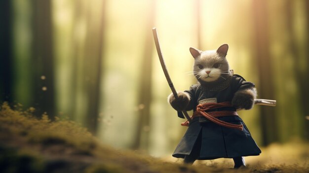 gato louco vestindo uniformes de samurai com a espada katana na mão IA generativa